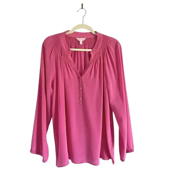 Lilly Pulitzer Elsa Silk Blouse In Roxie Pink Size Large Preppy Chic Summer Top - Picture 2 of 12